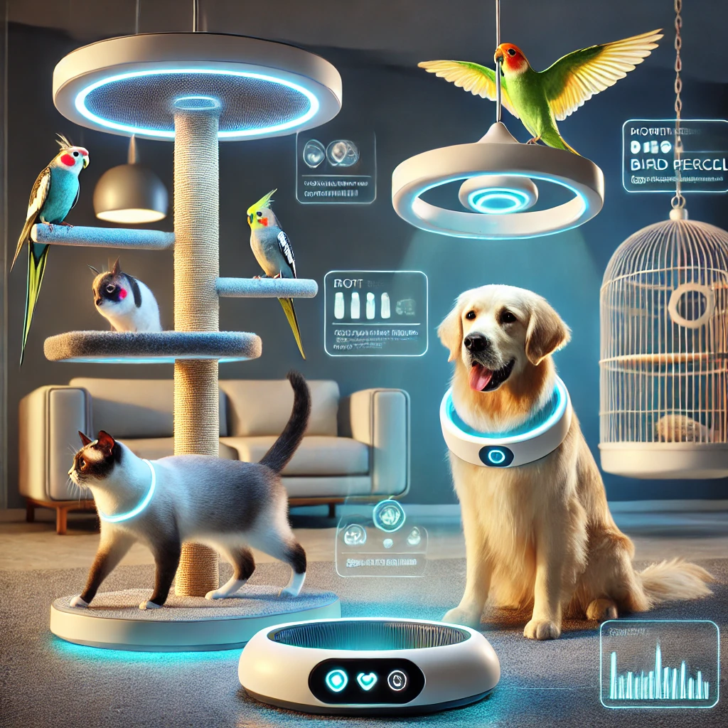 A futuristic image showcasing advanced pet tech gadgets for cats, dogs, and birds. Include a glowing smart scratching post for cats, a high-tech bird perch with sensors, and a sleek smart dog collar with a holographic display. Show a playful Siamese cat using the scratching post, a colorful cockatiel perched on the bird perch, and a friendly golden retriever wearing the smart collar. Incorporate holographic visuals displaying pet health and activity metrics. The background should feature a clean and modern home setting with subtle futuristic lighting.