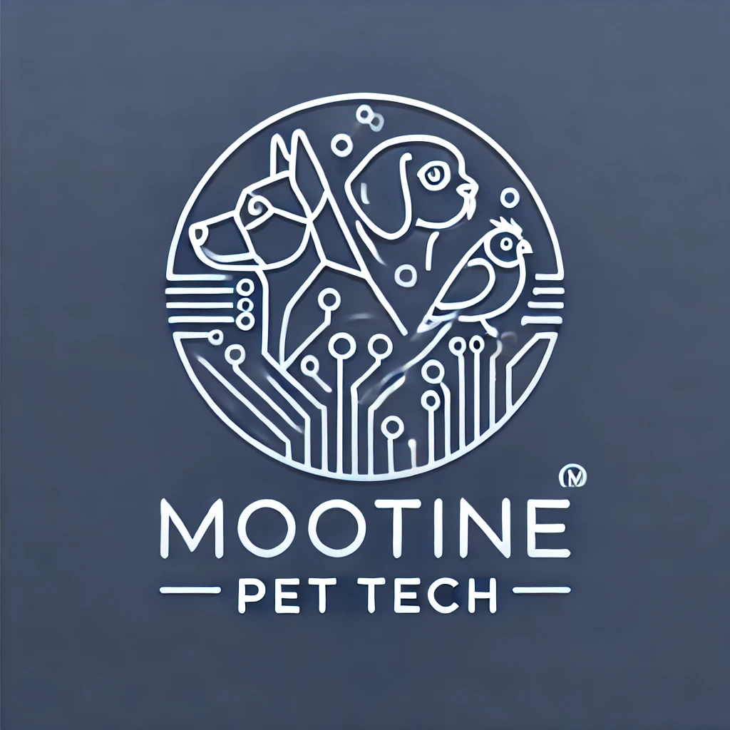 A futuristic and minimalist logo design for a pet tech brand, featuring a sleek outline of a dog, cat, and bird arranged in harmony. Integrate subtle digital circuit patterns into the design to symbolize technology. Use modern typography for the brand name 'MooTine Pet Tech' and a clean, vibrant color palette of blue and silver. The logo should convey innovation and trust, suitable for branding on websites and products.